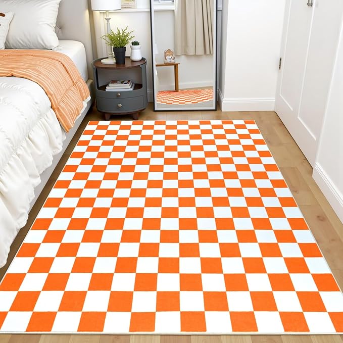 Terrug Orange and White Checkered Rug for Bedroom,3x5 Area Rugs Washable with Non Slip for Living Room,Soft Low Pile Stain Resistance Retro Carpet for Dorm Kids Room