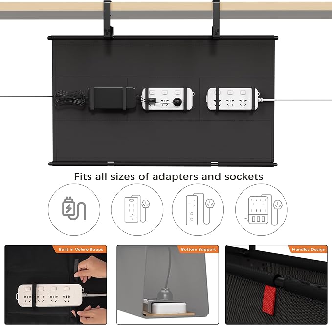 Under Desk Cable Management Tray, 28" Fabric Wire Cord Organizer, Black | No Drill Under Table Wire Organizer with 16X Cable Ties for Office/Home, Cord Hider Fit Adapters & Sockets, Clamp/Screw Mount