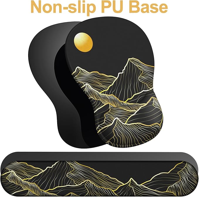 Ergonomic Mouse Pad with Wrist Rest and Keyboard Wrist Rest, Gel Mousepad and Wrist Rest for Computer Keyboard, Pain Relief, Non-Slip PU Base, Black Mouse Pad with Wrist Support for Gaming, Mountain