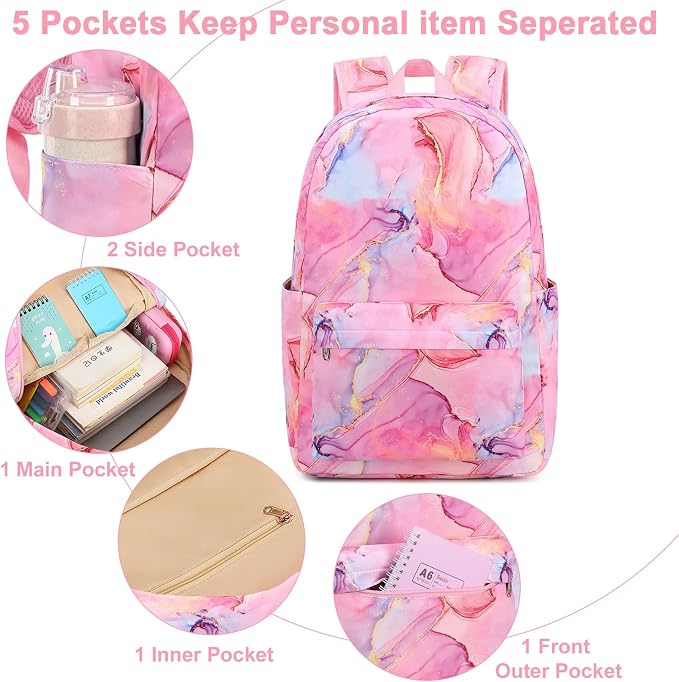 Bluboon Teen Girls School Backpack Kids Bookbag Set with Lunch Box Pencil Case Travel Laptop Backpack Casual Daypacks (Marble Pink-Blue)