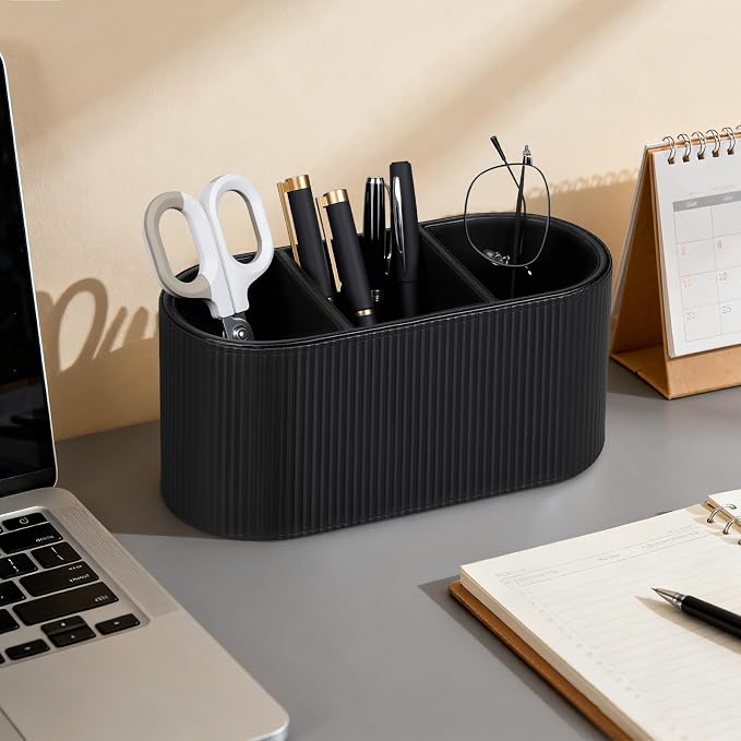Aesthetic Remote Control Holder, PU Leather Pen Holder for Desk with 3 Compartments for Home Office Supplies and Accessories, Stylish Bedside Remote Holder Nightstand Desktop Organizer (Black)