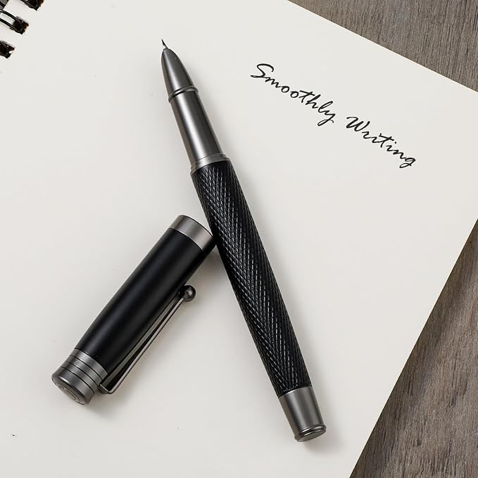 TIESOME Luxury Fountain Pen Set, Metal Fountain Pen with 6 2.6mm Ink Cartridges Smooth Writing Calligraphy Pens for Journaling Gift Office Business (0.7mm bent nib)