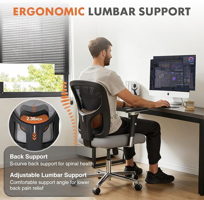 Sweetcrispy Big and Tall Office Desk Chair with Lumbar Support, 500lbs Heavy Duty Mesh Ergonomic Computer Chair with 4D Armrest and Wide Comfy Seat, 360° Swivel Wheels for Adult, Grey