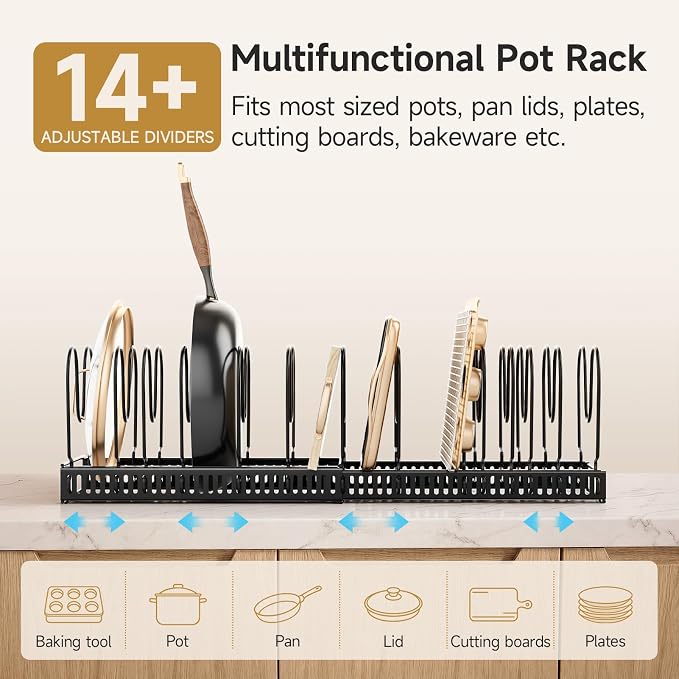MUDEELA Pot Lid Organizer for Cabinet, Expandable Baking Pan Rack 14 Slots | 11.8–22.9" Expandable, 14 Adjustable Divider, Tool-Free Assembly, Non-Slip, Scratch-Proof, For Pan Lid Cutting Board Bakeware