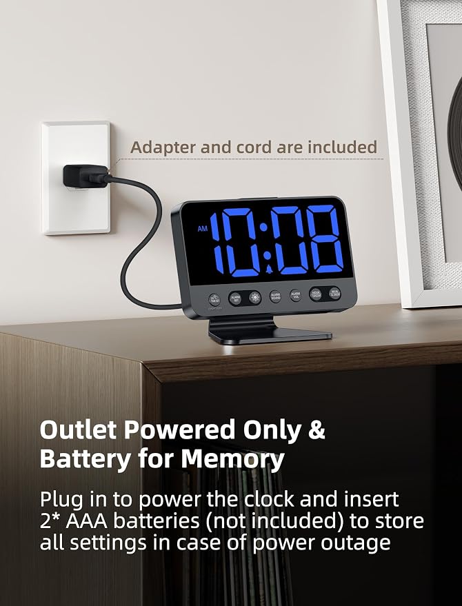 Odokee Digital Alarm Clocks for Bedrooms with Large Bold Number | Electric Desk Clock with Night Light & Brightness Dimmer - Loud Alarm for Heavy Sleepers with Adjustable Volume - Blue