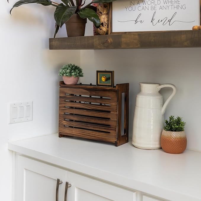 WiFi Router Storage Cabinet Router Box Hider WiFi Box Hider Shelf Cover | Standard • Pine Wood • Dark Oak Finish • Seamless Side Panel • Fits Routers Up To 11" • Wall Mount Or Desktop Placement