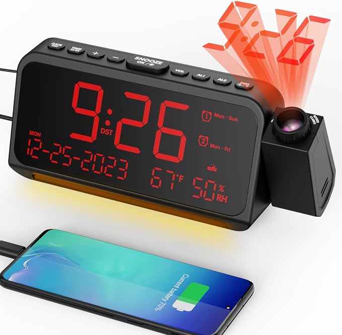 Mesqool Projection Alarm Clock Ceiling Display, with Temperature, Humidity | Dual Alarms, 5-Level Dimmer, Date, Night Light, Weekday/Weekend Mode, 12/24H, DST, , Snooze, 180° Rotatable, for Bedroom