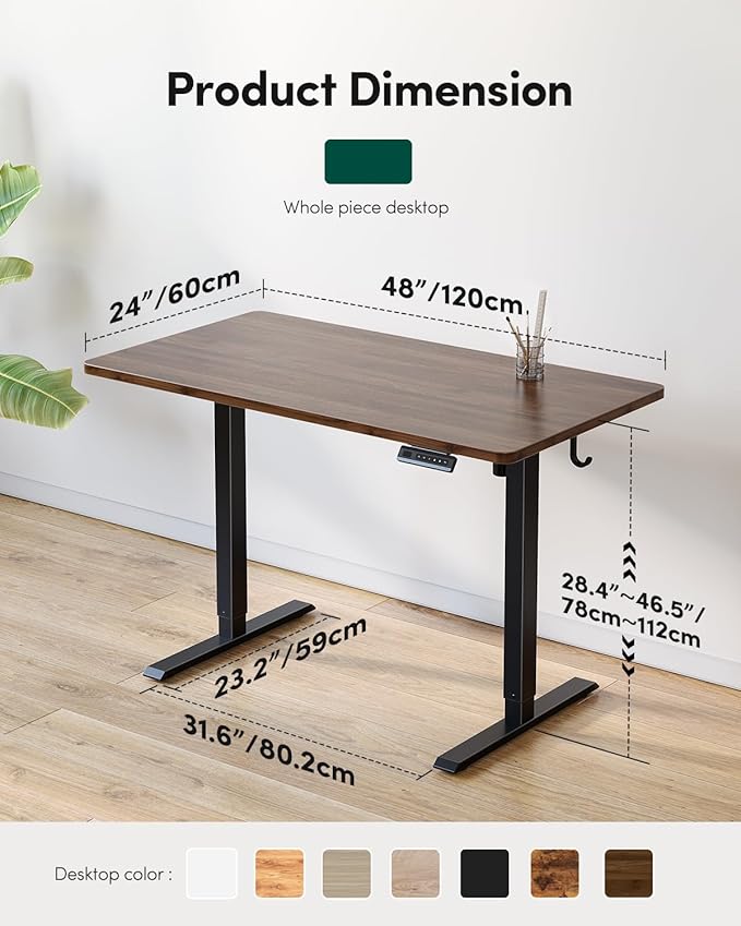 CubiCubi 48 x 24 Large One-Piece Standing Desk, Adjustable Height Electric Computer Home Office Sit Stand up Workstation, with 4 Memory Presets, Headphone Hook, Black Walnut