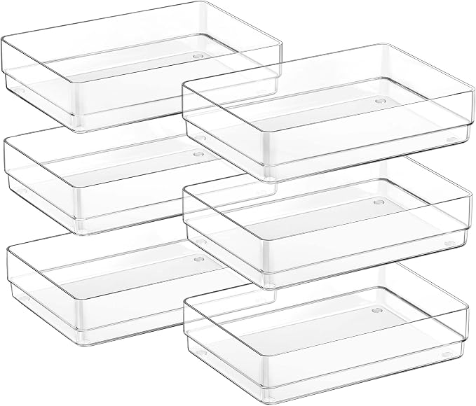 SMARTAKE 6 PCS Clear Plastic Kitchen Large Size Drawer Organizers Set | Non-Slip Desk Drawer Organizer, Bathroom Vanity Drawer Organizer Trays for Makeup, Bedroom, Office, Kitchen Utensils