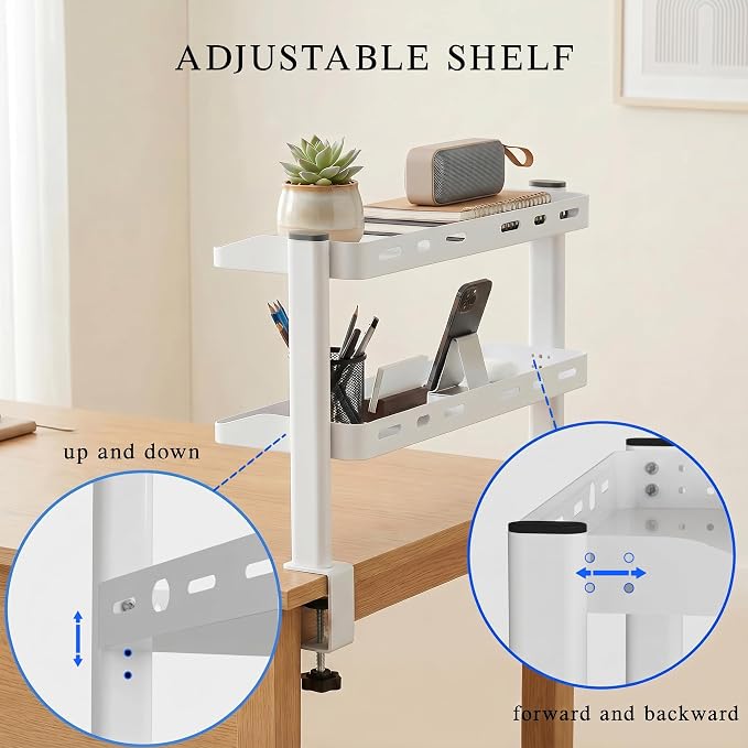 Clamp on Desk Shelf White, 2-Tier Office Desk Shelves Organizer, 17in Small Shelf for Top of Desk with Headphone Holder, Hooks, Desktop Storage Rack for Home Workspace, Study Rooms, Gaming Accessories