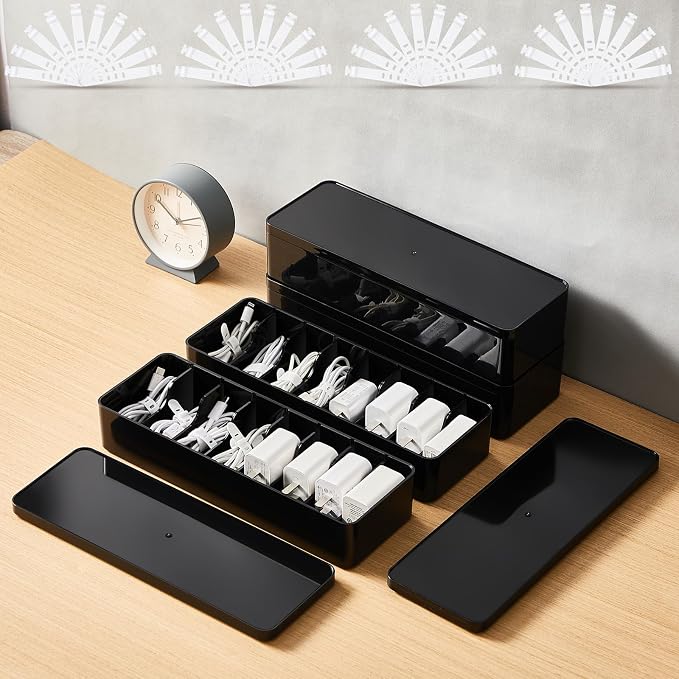 Tatuo 4 Pcs Cord Organizer for Drawer Desktop, Cable Organizer Box with 8 Compartments and Wire Ties, Plastic Charger Storage with Lid, Electronics Case for Home Office Accessories (Small,Black)