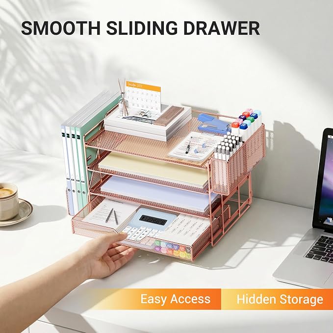 OPNICE Desk Organizer with Drawer & Pen Holder, Office Desk Accessories and Office Decor for Women, 4-Tier Paper Tray File Organizer for Home Office Workspace Supplies, Rose Gold