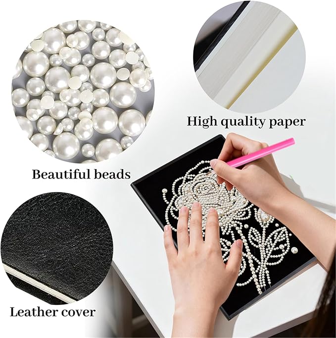 FRANDEK Pearl Painting Notebook Kit, Black and White Rose A5 DIY Journal with 50 Blank Pages, Diamond Gem Art Cover with Waterproof Canvas, Beginner Craft Set with Full Tools for Adults