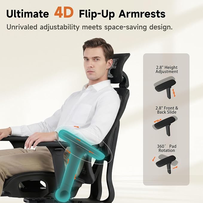 Korser Ergonomic Mesh Office Chair with Footrest, Big and Tall Desk Chair with 4D Flip-Up Arms, Auto-Tracking Lumbar Support, 3D Headrest, High Back Computer Gaming Chair for Home Office, Black