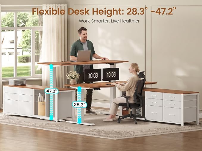 SEDETA L Shaped Electric Standing Desk, 55" x 55" Height Adjustable Office Executive Desk with 6 Fabric Drawers and Storage Shelves, Sit Stand Computer Desk with Power Outlet (White + Brown)