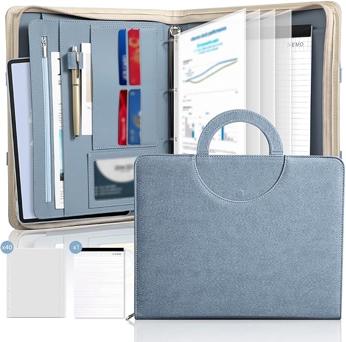 Zippered Padfolio Portfolio Binder, 40 Sleeves & Tablet Holder Case | Features 40 transparent sleeves, tablet pocket & writing pad. Textured leather for office & travel. Secure zipper closure.