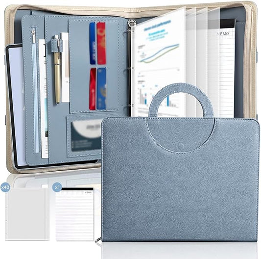 Zippered Padfolio Portfolio Binder, 40 Sleeves & Tablet Holder Case | Features 40 transparent sleeves, tablet pocket & writing pad. Textured leather for office & travel. Secure zipper closure.