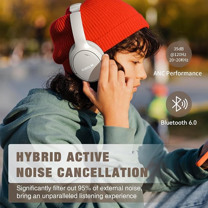 RUNOLIM Hybrid Active Noise Cancelling Headphones, 100H Playtime, Built-in Microphone, Bluetooth Wireless Over Ear Foldable Headphones with HiFi Audio, Home Travel Office