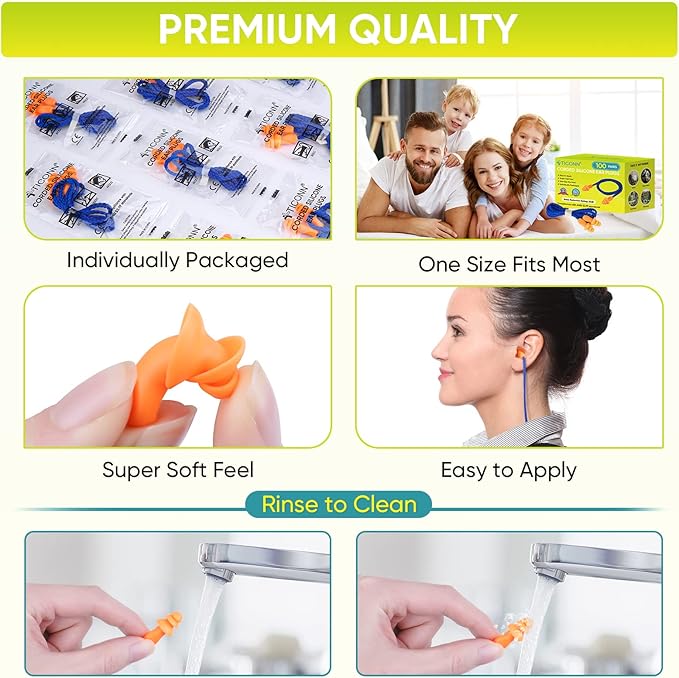TICONN 100 Pairs Reusable Silicone Ear Plugs for Sleeping Noise Cancelling, 25dB NRR Corded Earplugs for Study Concentration Travel (100 Pairs)