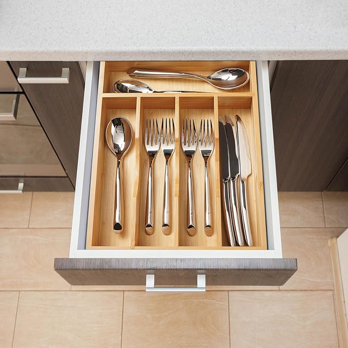 Bamboo Kitchen Drawer Organizer, 11 Inch Silverware Utensils Tray Holder with Grooved Dividers, 2.4" High Wood Caddy for Flatware Cutlery Knives