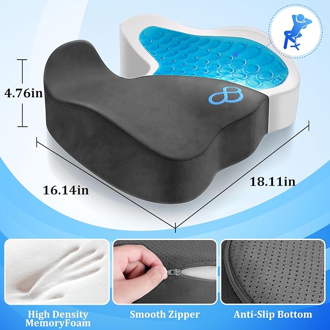 CushyOasis Seat Cushion, Gel Chair Cushions, Office Chair Cushions, Anti-Slip Bottom & Removable Cover Tailbone Pain Relief Cushion, Memory Foam Seat Cushion for Office, Wheelchair, Car (Grey)