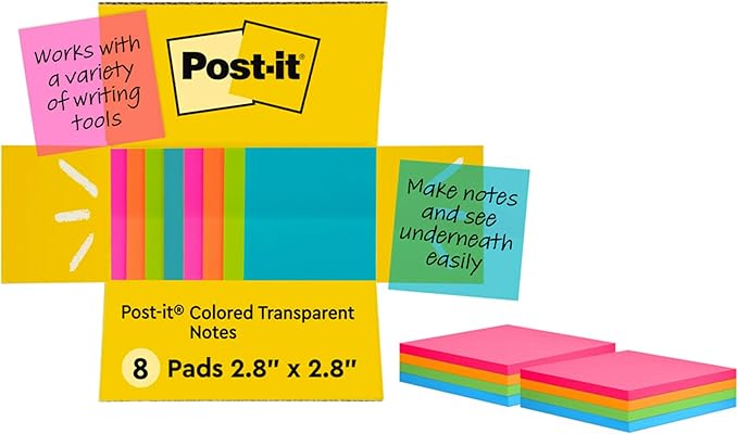Post-it Transparent Notes, 2.8 in. x 2.8 in., Blue, Pink, Green and Orange Sticky Notes, Second Semester School Supplies, Office Products, Great for Studying, 8 Pads