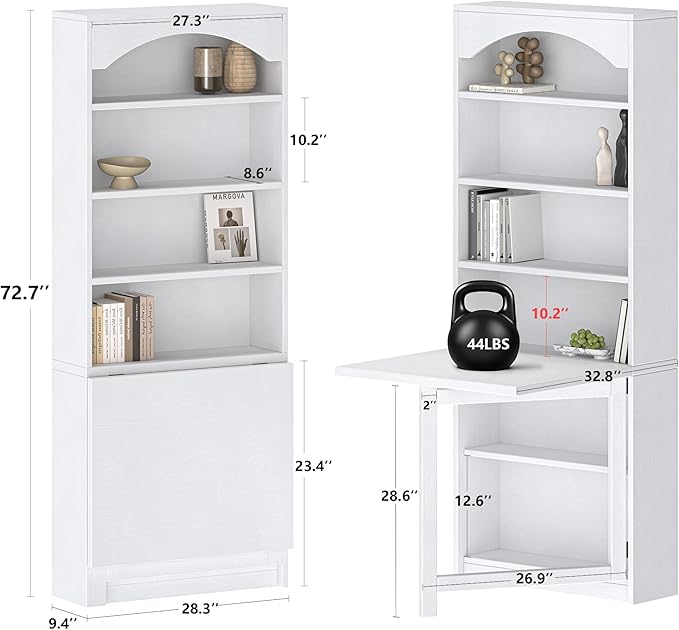 Folding Desk with Storage, Space-Saving Foldable Convertible Writing Table, Wall Mount Fold Out Computer Desk for Home Office, Craft Room, Living Room, Bedroom, White