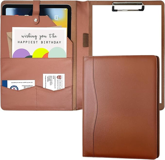 Portfolio Folder Padfolio with A4 Clipboard, PU Leather Portfolio Clipboard Business Binder Writing Clip Board Organizer for Legal Documents Business Card Men Women Brwon