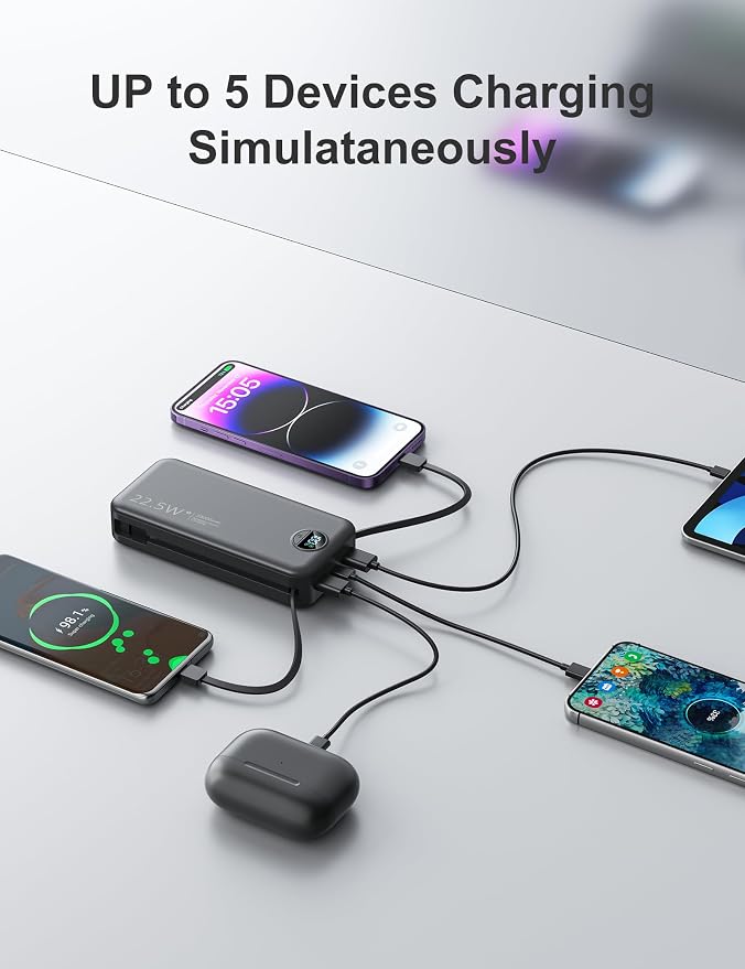 20000mAh Ultra-Portable-Charger-Power-Bank with Built in Cables&AC Wall Plug,PD20W USB-C Fast Charging Cell Phone Charger Battery Pack,LED Display Travel Battery Bank for All iPhone,Samsung,Android