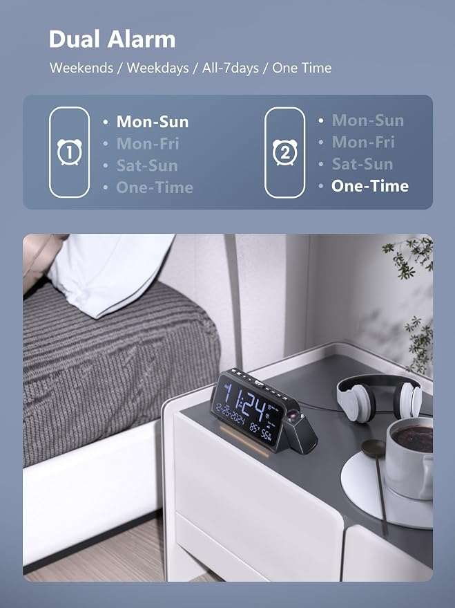 Projection Clock for Bedroom Ceiling, Alarm Clock with Battery Backup | 350° Red Projector, White LED Display, Dual Alarms, 4 Alarm Modes, 5-Level Dimmer, Temp & Humidity, Snooze, USB Charging
