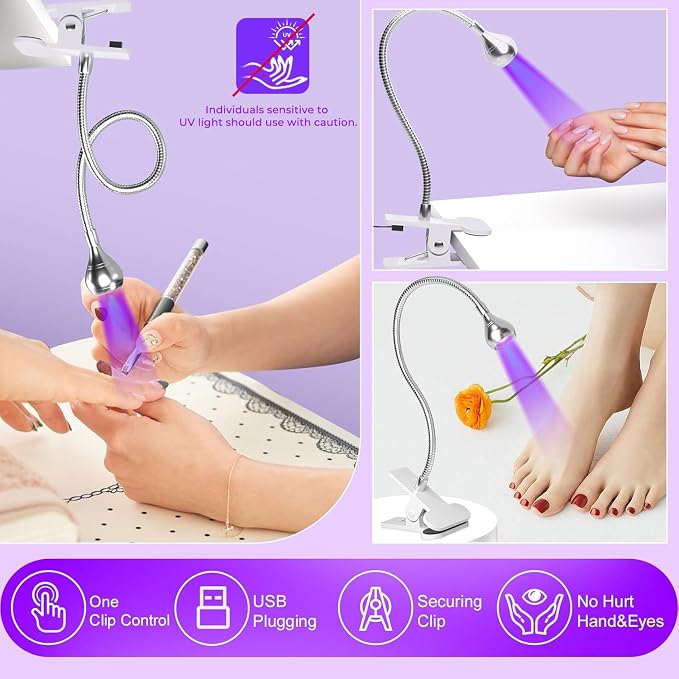 U V Light for Nails Gooseneck U V Lamp for Nails Mini Curing with Securing Clip Rotatable Flash Cure Light for Salon Nail DIY Home (Silver)