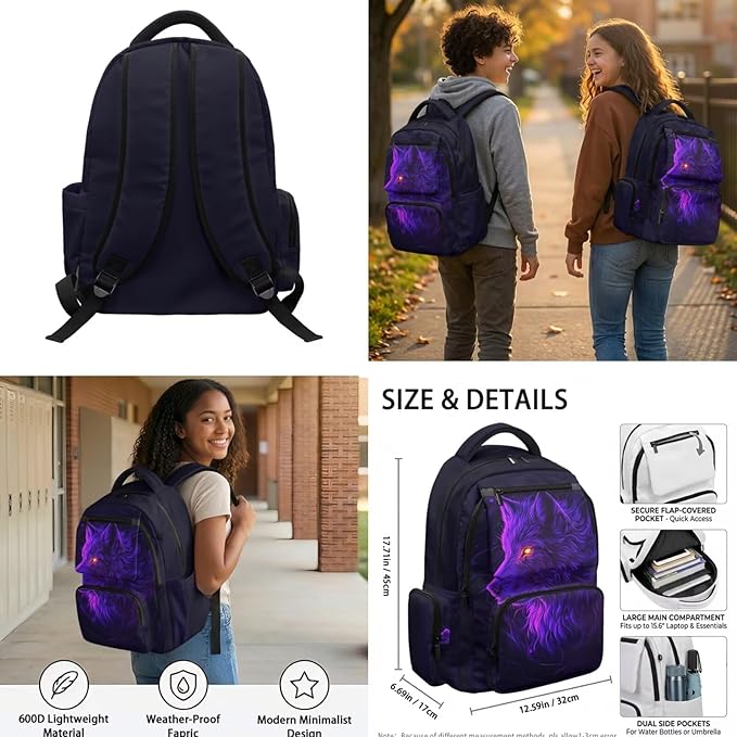Cool Wolf Kids Backpack and Lunch Box Graphic School Bookbag for Boys Back to School Supplies Personalized Backpacks 4 in 1 Set Water Bottle Holder Pencil Case Included