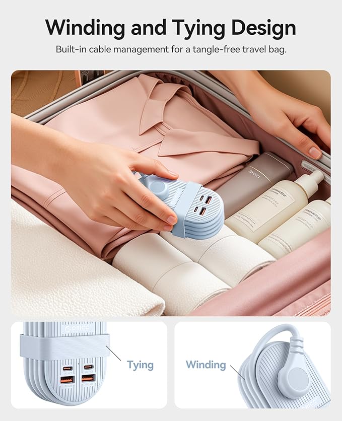 ORICO 45W Power Strip for iPhone 17 and Galaxy S25, 7 in 1 Charging Station with 3AC, 2 USB-A, 2 USB-C, 4ft Thin Extension Cord, Flat Plug Fashion Essential for Travel/Home/Office/Library/Dorm - TK45