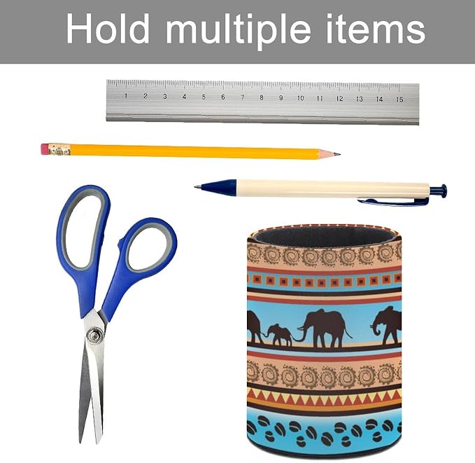 Tribal Ethnic Elephant Pen Holder for Desk PU Pencil Cup Organizer | Round Desks Makeup Brush Holder for School Multifunctional Office Supplies