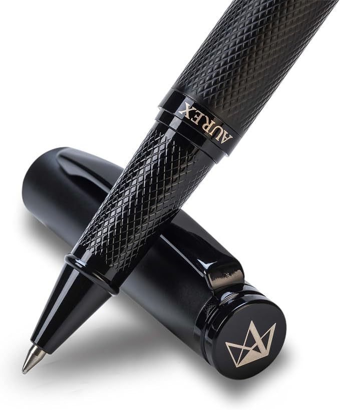 AUREX Luxury Black Rollerball Pen – Metal Pen with Cap, Micro Tip, Diamond Body Design, Gift Box & Blue + Black Ink – Executive Writing Pen