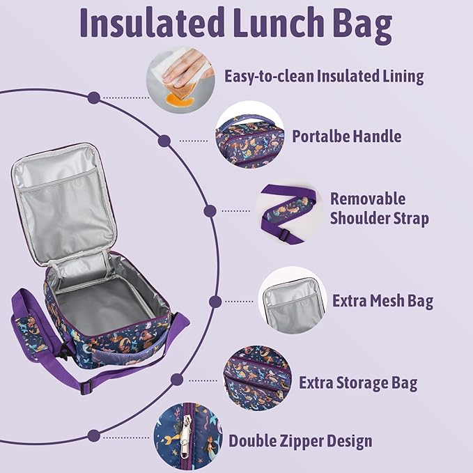 Kids Bento Lunch Box with Thermo Leak-Proof Snack Lunch Container with Insulated Lunch Bag Utensils Set Back to School Supplies Gifts for Boys and Girls Toddlers Kindergarten Lunch Accessories Purple