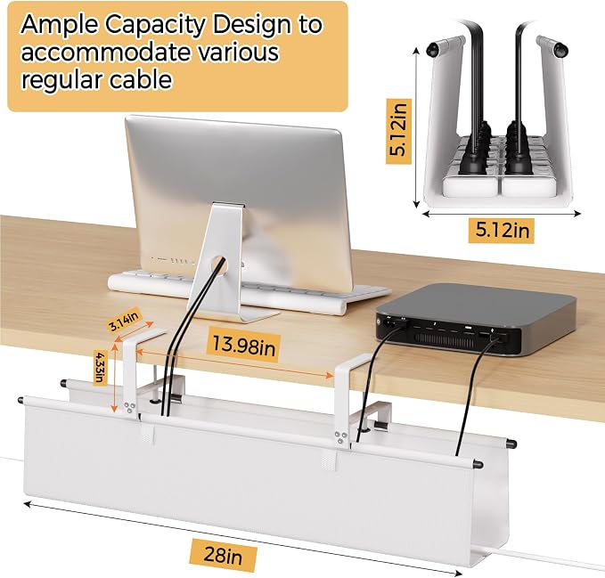 Under Desk Cable Management Tray, 28" Fabric Wire Cord Organizer, White | No Drill Under Table Wire Organizer with 16X Cable Ties for Office/Home, Cord Hider Fit Adapters & Sockets, Clamp/Screw Mount