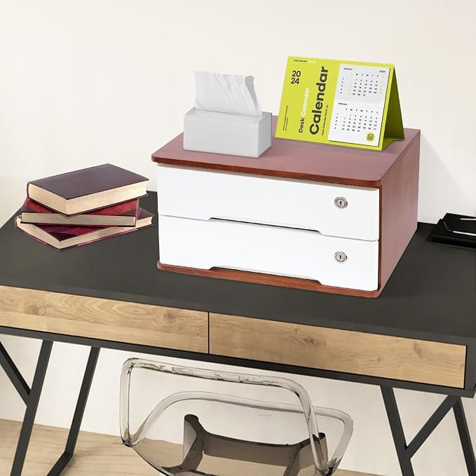 2-Tier Desktop Storage Box with Lockable Drawer, Wooden Desk Organizer for Office Supplies, Flat File Cabinet, Minimalist Design for Home & Office Use(Walnut+White)