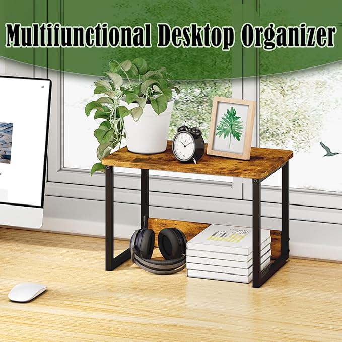 MARTY Printer Stand for Desk, Desktop Shelf Printer Riser for Home Office | Desktop Printer Stand, 17.1"x12.4", Printer Shelf, Small Printer Table for Fax Machine Copier Scanner, Desk Organizer, Brown