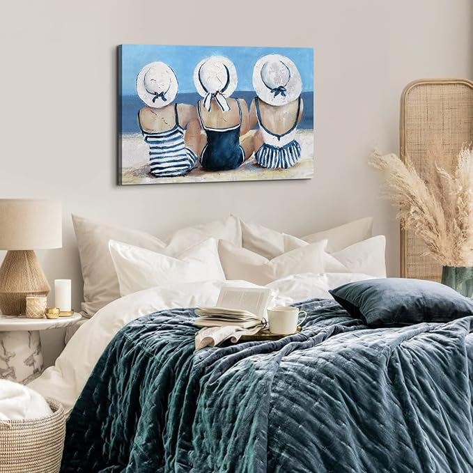 Vintage Beach Wall Art Coastal Bathroom Decor for Girl Navy blue and White Tropical Ocean Seascape Canvas Prints Picture Retro Swimsuit Woman Nautical Artwork for Bedroom Living Room Decoration 24x36"