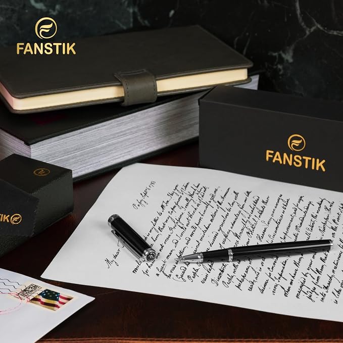 FANSTIK Customized Black & Silver Luxury Rollerball pen, fancy gift set for women, Chrome Finish, Professional executive pen gift set for men (Lux Custom-Rollerball Black-Silver)