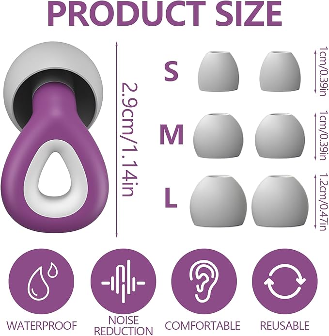 Ear Plugs for Sleeping Noise Cancelling - Purple Reusable Earplugs for 24dB Noise Reduction Snoring Concerts Sleep Deep Focus Work Travel Study, Silicone Flexible Hearing Protection Ear Plugs +3Tips