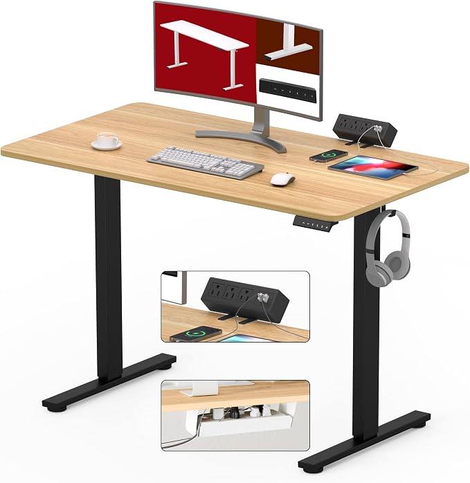 SANODESK Electric Standing Desk with Desk Clamp Power Strip 40"x 24" Whole-Piece Desktop Height Adjustable Stand Up Desk with Cable Management Sit Stand Home Office Desk Black Frame/Maple Top