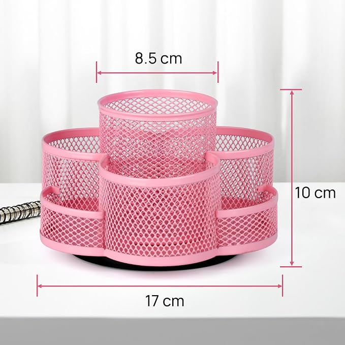 Topwey Pink Rotating Pencil Holder for Desk Office | 360-degree Rotation, 7 Compartments, Metal