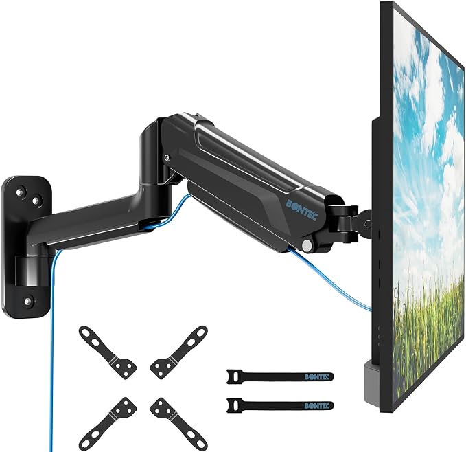 BONTEC Monitor Wall Mount Arm, VESA Gas Spring Height Adjustable, for 13-42 Inch Screens, Max 19.8lbs, Swivel, Tilt, Space-Saving Desk Mount, Easy Installation, Single Arm TV Mount, Max VESA 200x200