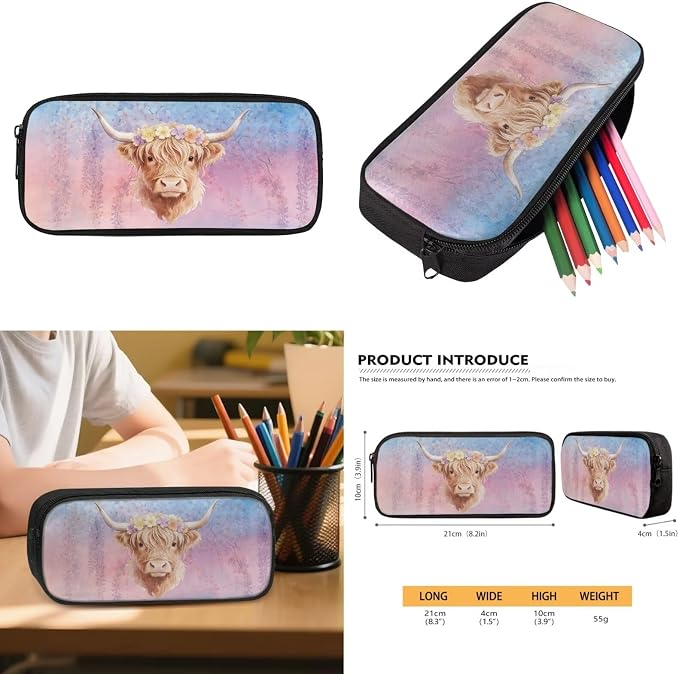 WELLFLYHOM Highland Cow Kids Backpack Set with Lunch Box Girls 8-12 Cherry Blossom School Bookbag Lunch Bag Pencil Pen Case Water Bottle Carrier Back to School Gift