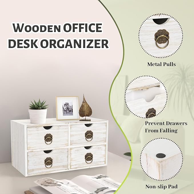 Wood Desk Organizer, White Wooden Desktop Organizer with Drawer, Tabletop Storage Organization Box for Countertop, Home Office Supplies Bills, 13.5x6.6x7.09 Inch(4 Drawer)