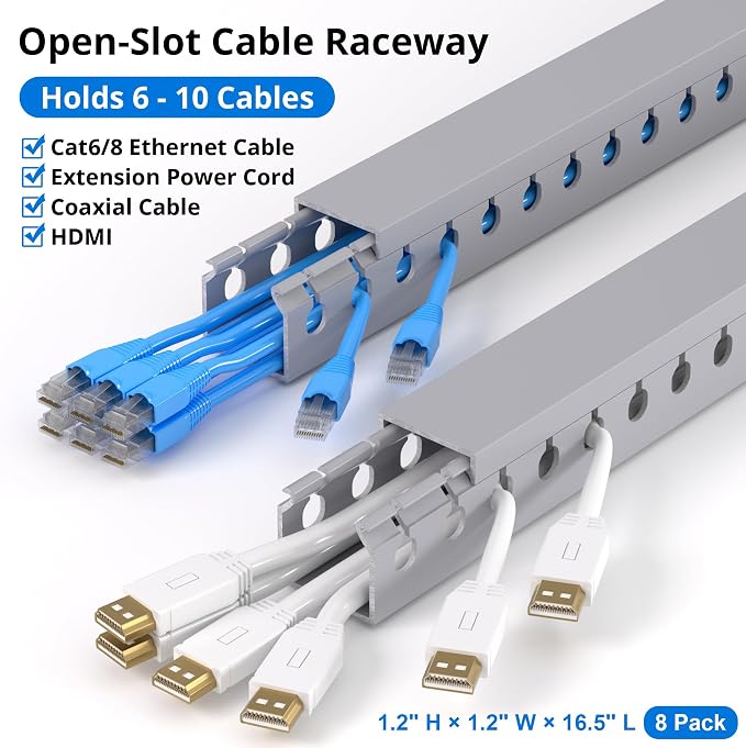 1.2"H x 1.2"W Cable Raceway, 132in Under Desk Wire Management Channel, Grey | Slotted Wire Duct, 8Pack, 16.5in Each, Heavy-Duty PVC Cable Management for Server Racks, Network Cables & Electrical Cabinets