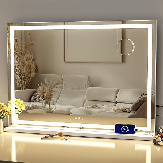 Gvnkvn Makeup Vanity Mirror with Lights 32" x 24" Large LED Makeup Mirror, Light up Mirror with 10X Magnification and USB Charging Port, Dimmable 3 Modes, Touch Screen Control Square Corner