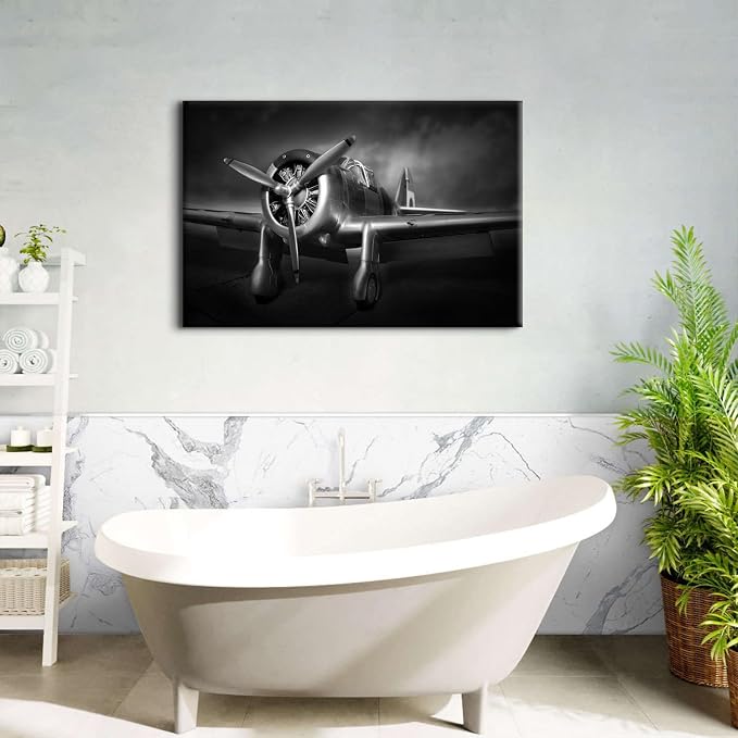 Large Propeller Aircraft Wall Art Black and White Airplane Bedroom Wall Decor for Living Room Close-up Plane Engine Pictures Canvas Prints Military Fighter Paintings Artwork Home Decorations 32x48"